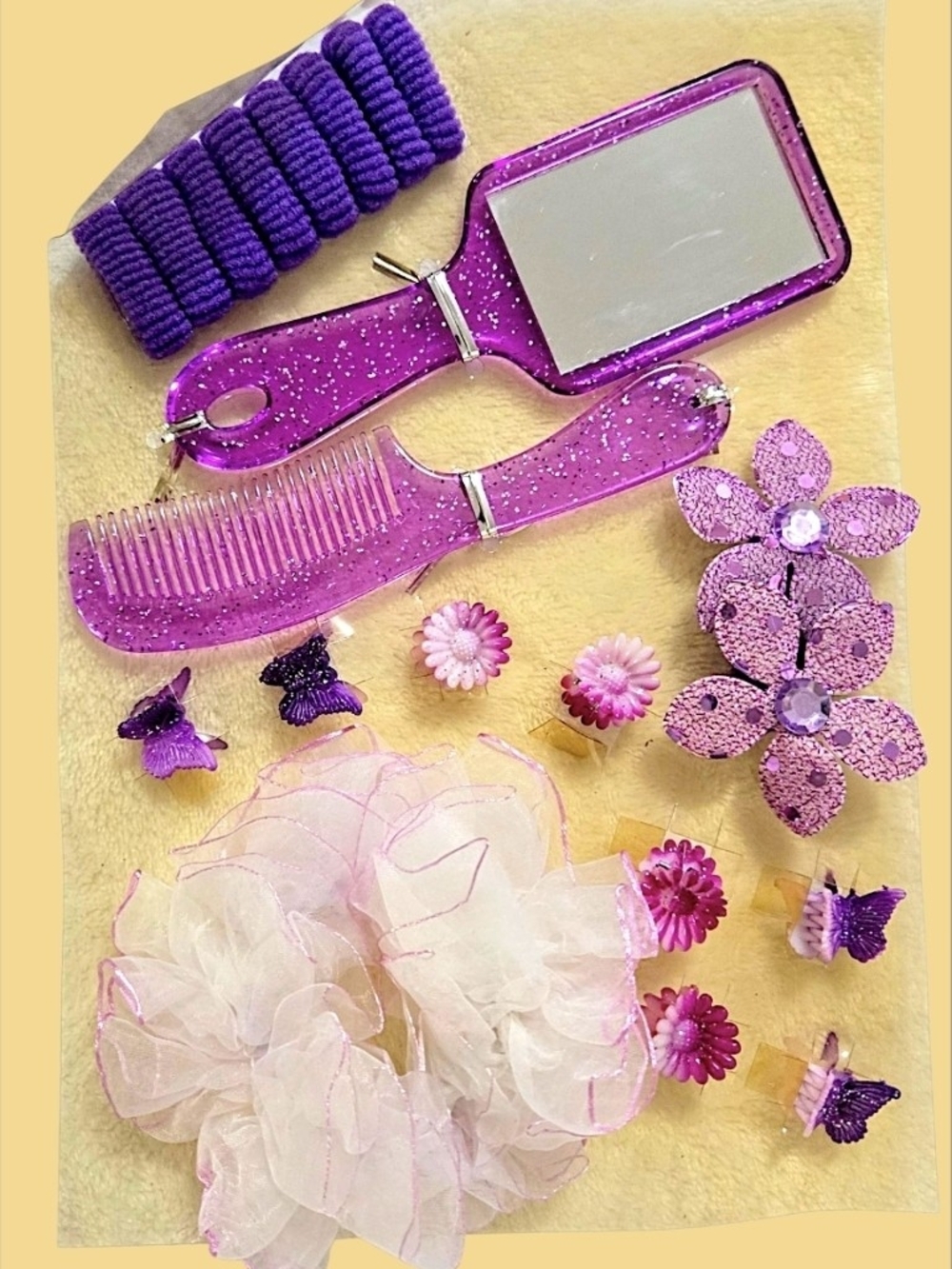 Kids Hair Accessory Set - Purple Glitter Mirror & Comb Kit